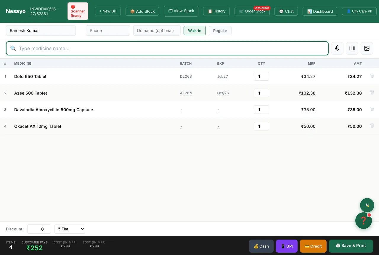 The Nesayo billing screen showing a GST invoice in progress with batch and expiry on each line — part of the free plan, no card required.